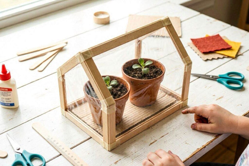 popsicle stick mini greenhouse craft for kids with plastic wrap cover