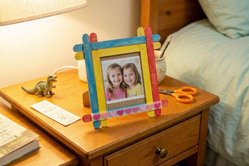 popsicle stick photo stand holding a small printed photo on a desk