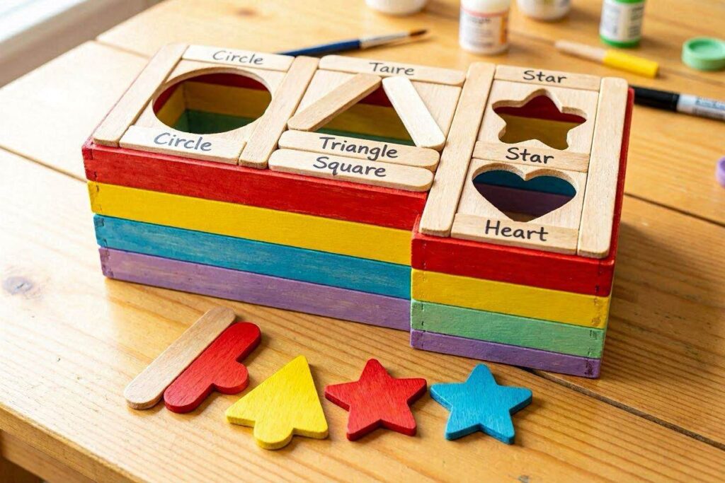 popsicle stick shape sorter learning toy craft for kids with labeled openings