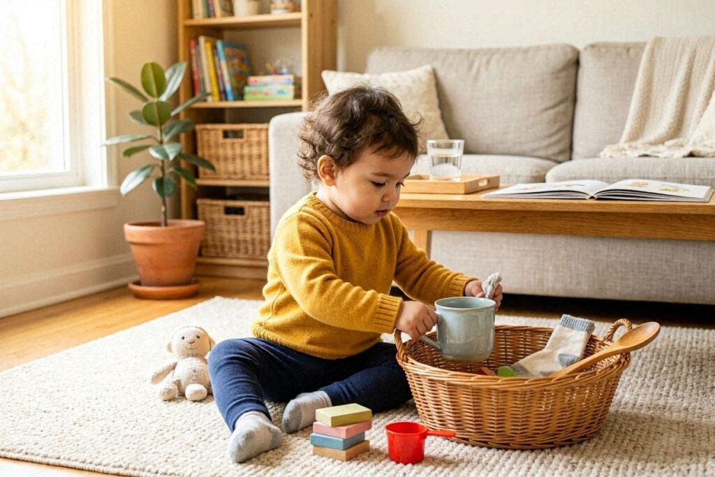 toddler sorting household items indoor activity at home