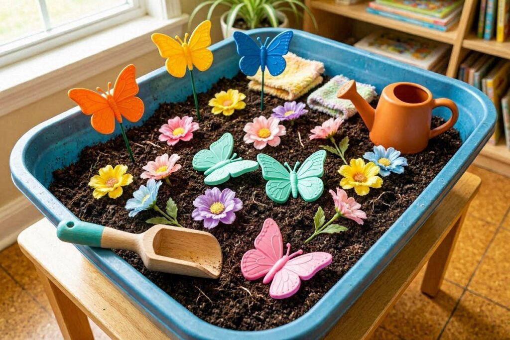 Spring garden sensory bin for 2 year olds with soil, flowers and plastic butterflies