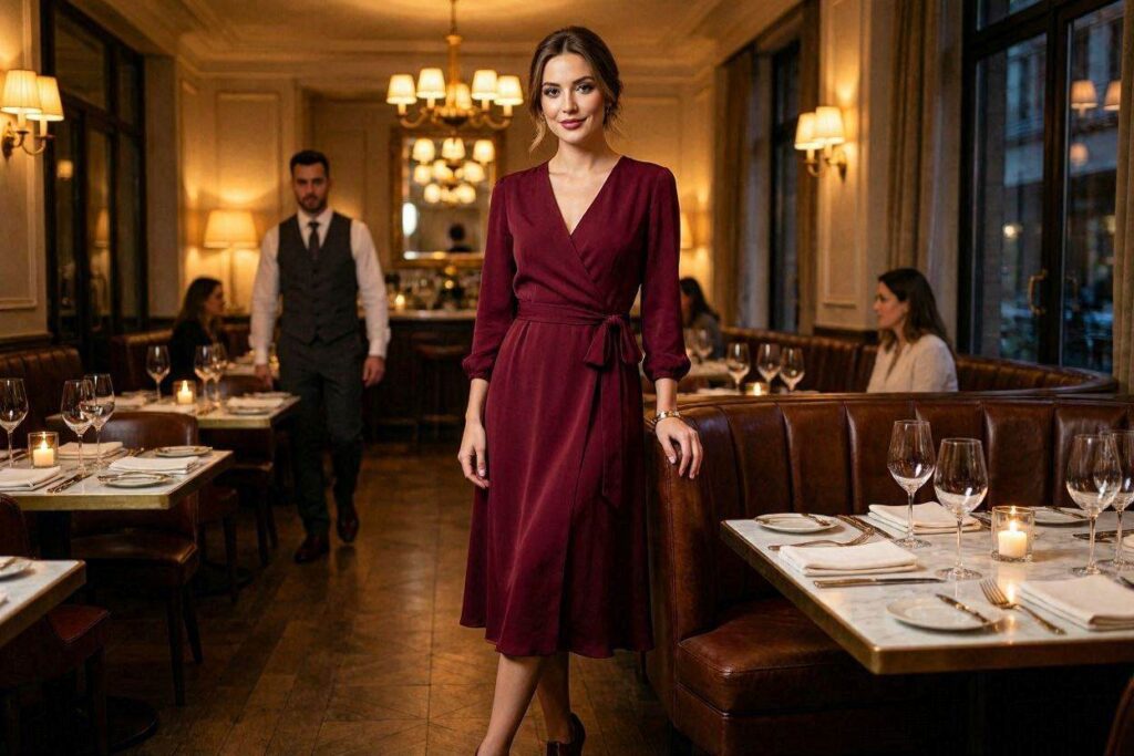 dinner outfit ideas for moms – classic wrap dress in deep burgundy
