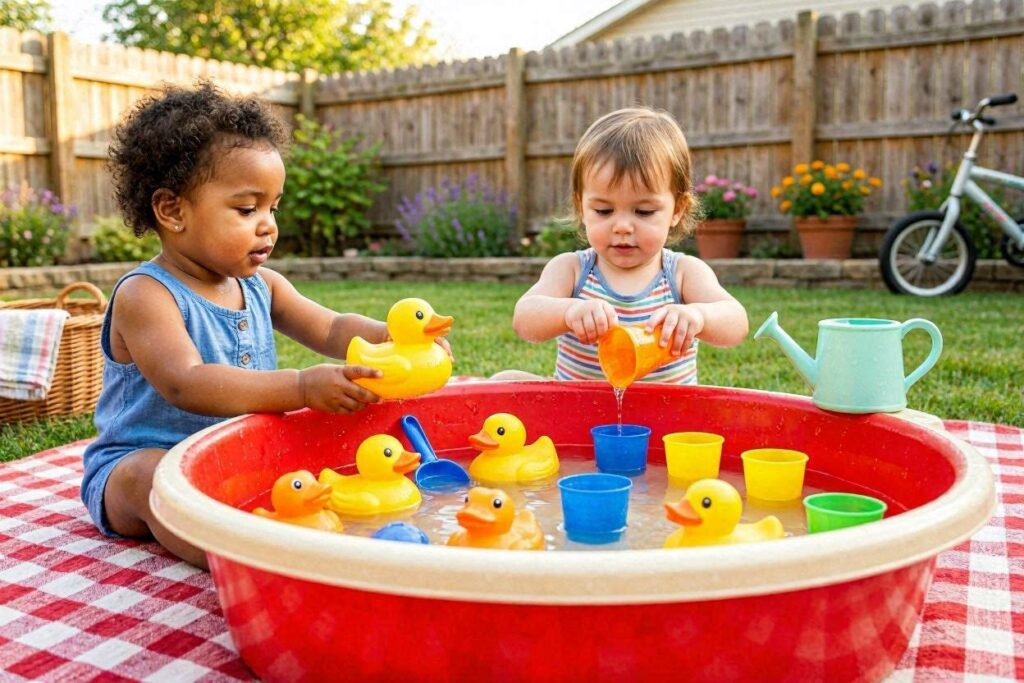 Water sensory bin for 2 year olds with rubber ducks and cups outdoors