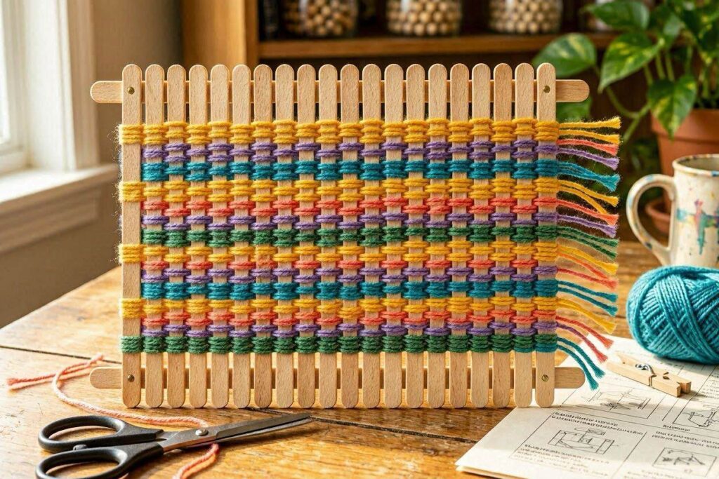 popsicle stick weaving loom craft for kids with colorful yarn