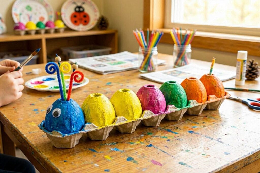 colorful egg carton caterpillar craft easy DIY crafts for kids using paint and pipe cleaners"