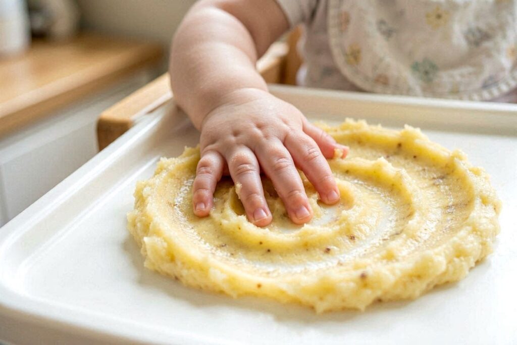 edible sensory play baby finger painting with mashed banana
