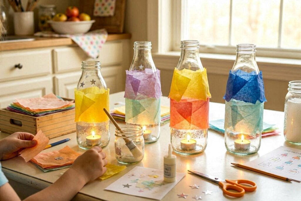 easy bottle art ideas for kids at home – glowing bottle luminaries with tissue paper