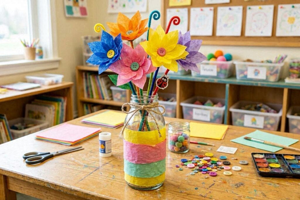 bottle art for kids – decorated bottle vase with colorful paper flowers