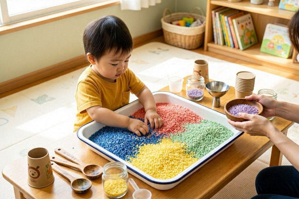 colored rice sensory activity for toddlers at home