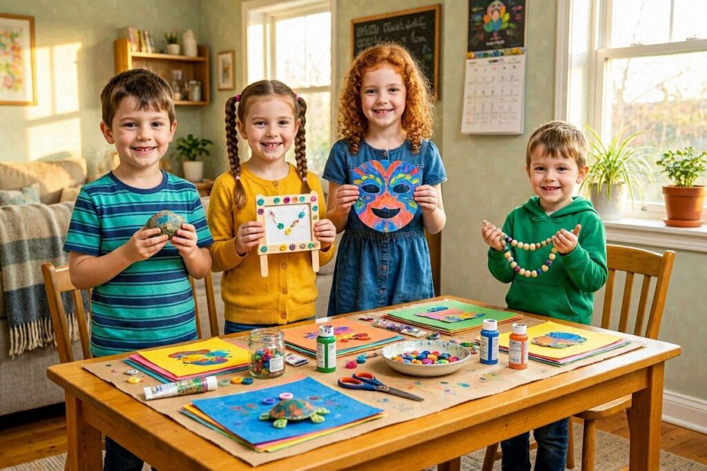 happy kids showing off their finished easy DIY crafts for kids at home smiling proudly