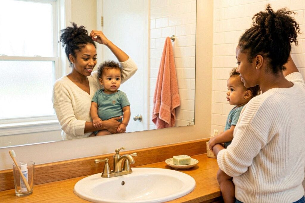 Mom with messy bun hairstyle smiling in the morning, easy hairstyles for moms