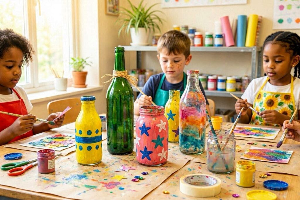 bottle art for kids – colorful painted bottles on a table with kids crafting