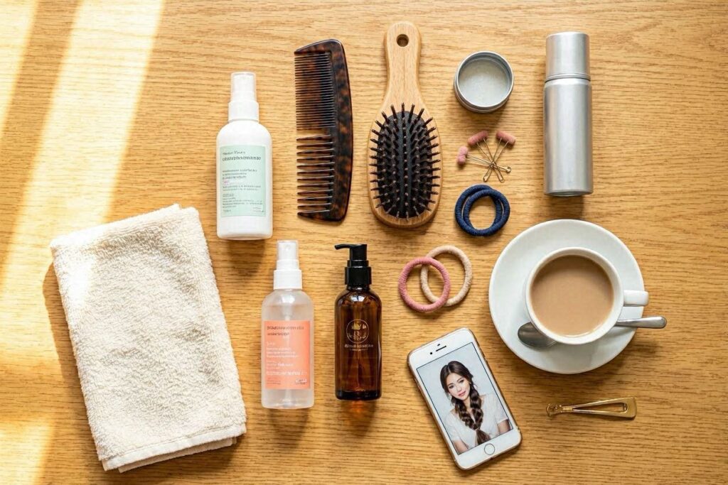 Flat lay of hair care products for easy morning mom hairstyle routine