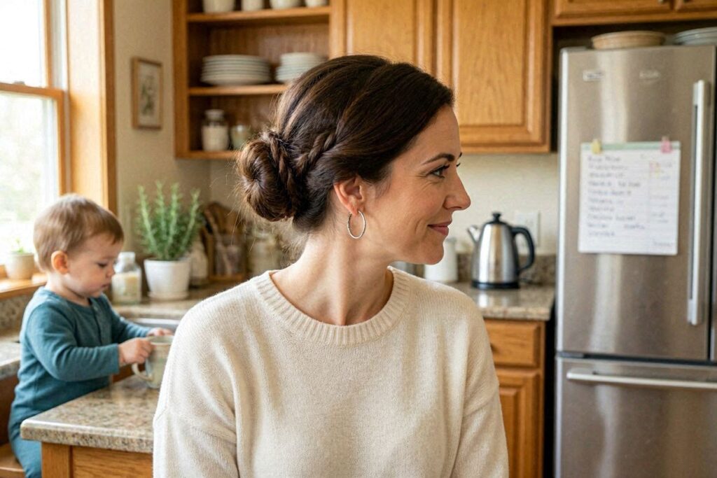 Mom demonstrating wrap-around bun hairstyle — easy hairstyles for moms on the go