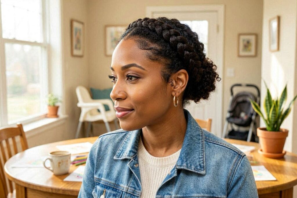 Dutch braid headband hairstyle on a mom — stylish easy hairstyles for moms