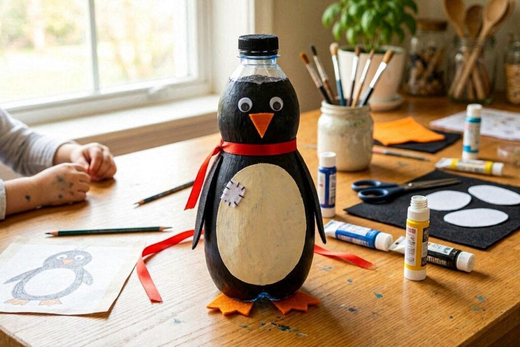easy bottle art ideas for kids at home – cute bottle penguin made from plastic bottle