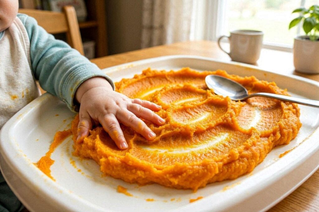 edible sensory play baby squishing mashed sweet potato