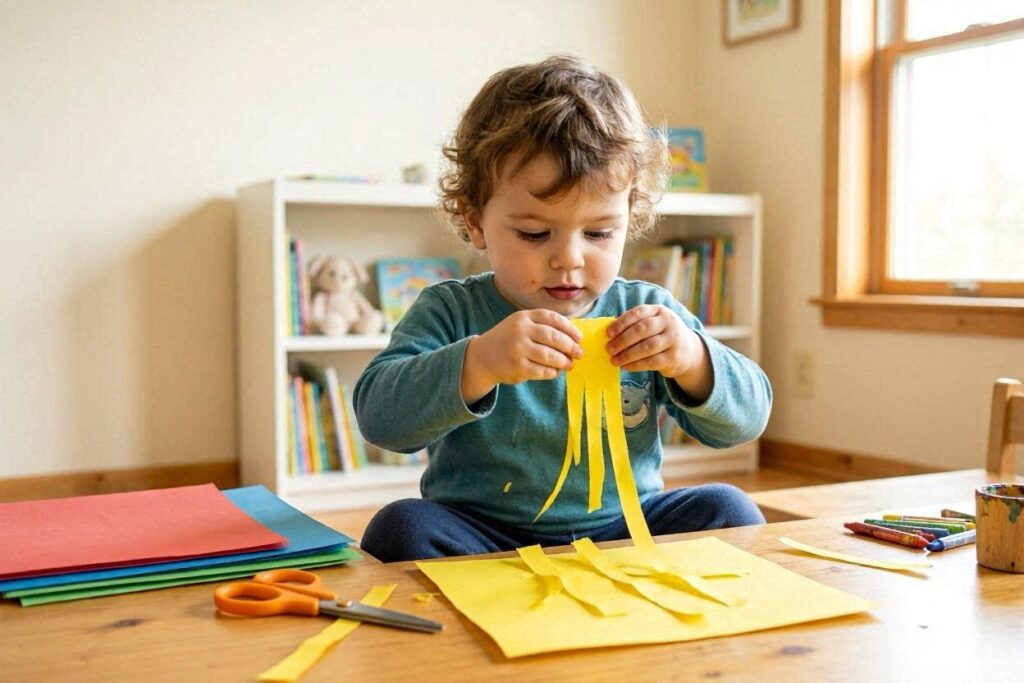toddler tearing colorful paper strips fine motor activity at home