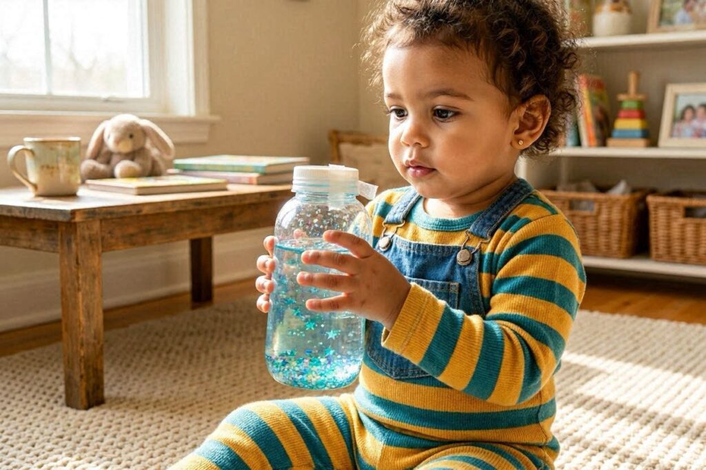 toddler shaking sensory bottle indoor activity at home