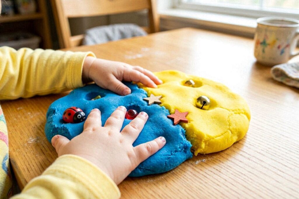 toddler digging objects out of playdough fine motor sensory activity