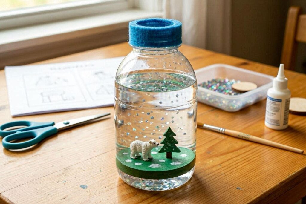easy bottle art ideas – homemade snow globe in a clear plastic bottle for kids