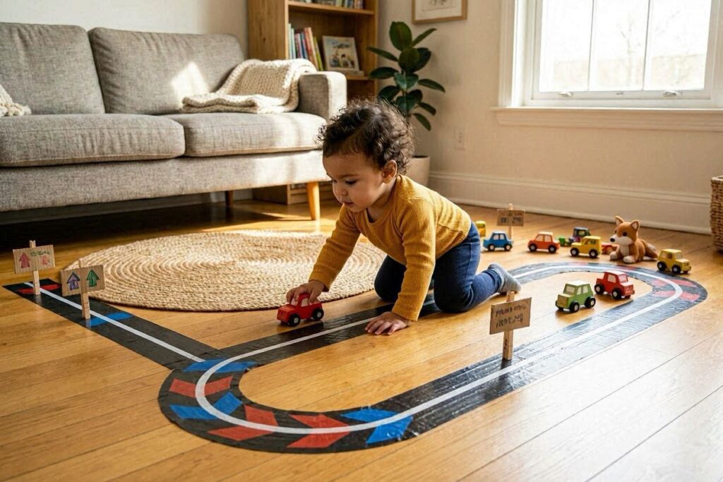 toddler playing on tape road track gross motor toddler activity at home