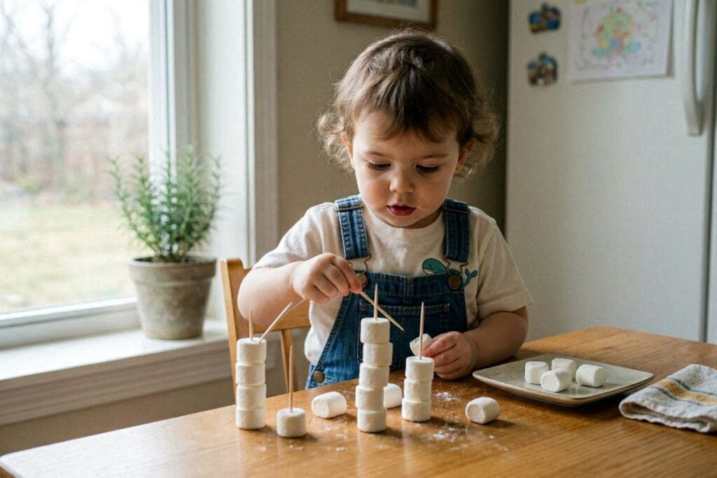 toddler building toothpick marshmallow structure fine motor engineering activity
