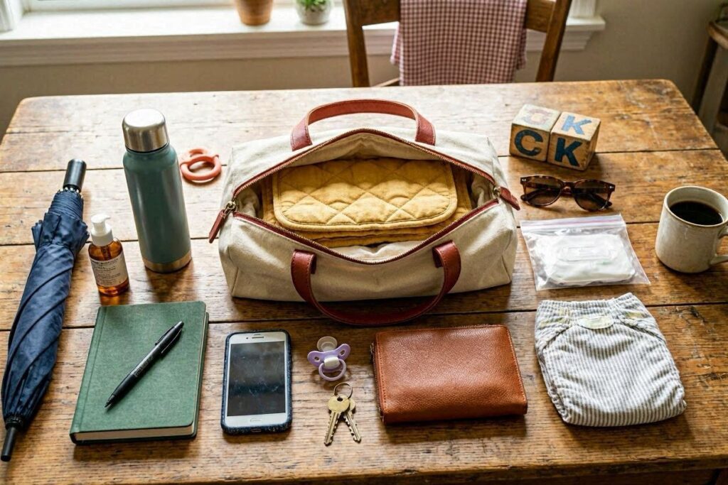 A well-organized mom tote bag with essentials laid out on a table