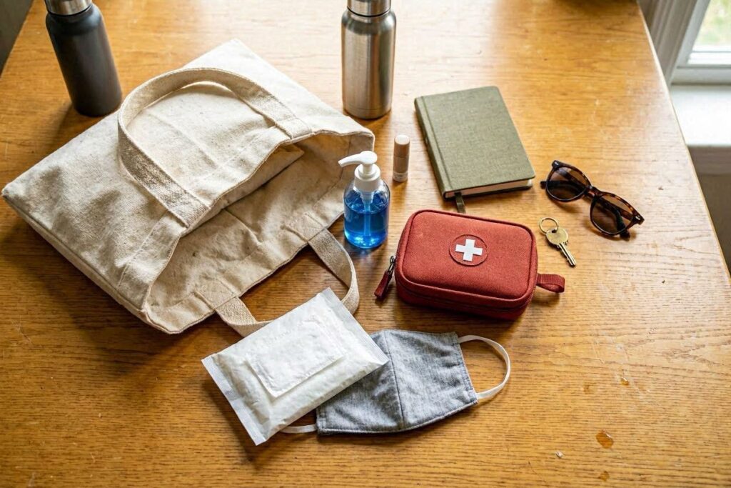 Tote bag essentials spread out including hand sanitizer, wipes, and a small first aid kit