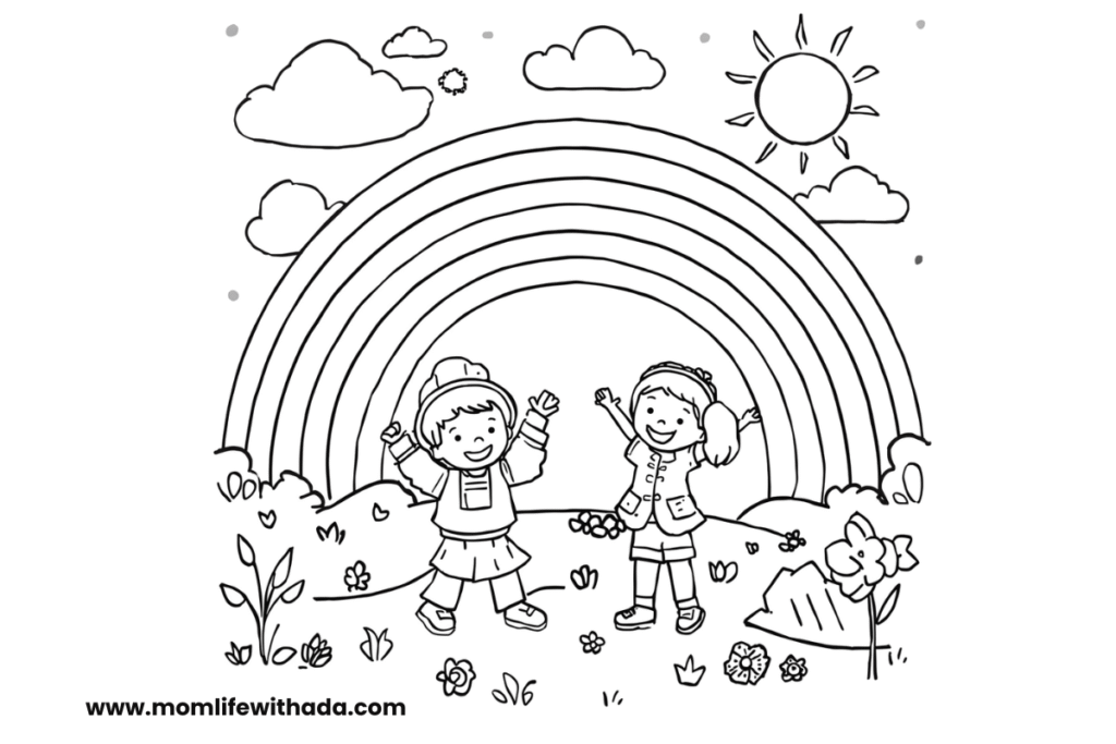 Free printable coloring pages for kids with rainbows, clouds, sun and seasonal themes