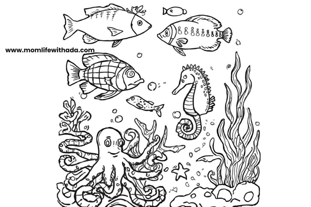 Free printable coloring pages for kids with fish, octopus, seahorse and ocean scenes