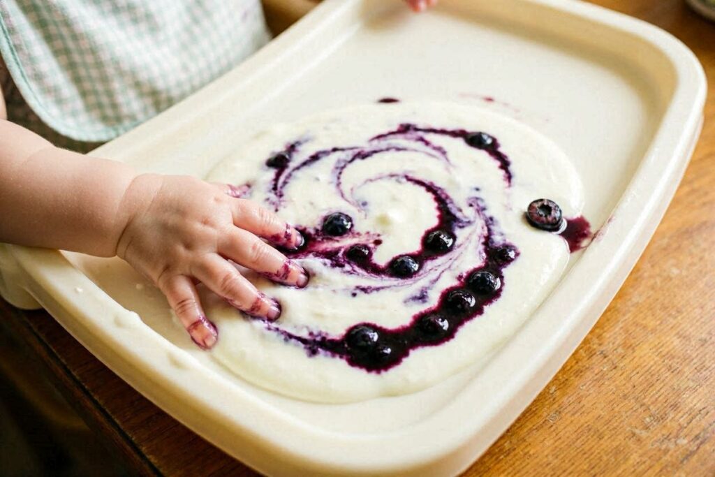 edible sensory play baby painting with yogurt and fruit puree