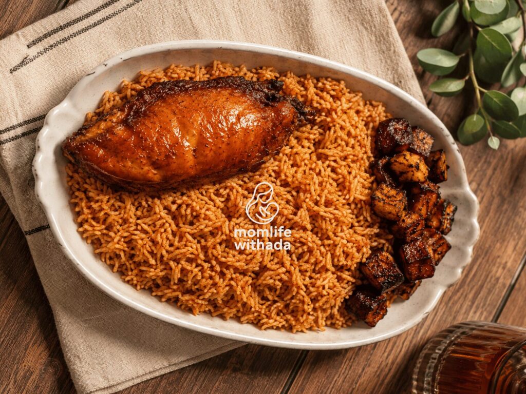 A pot of tasty smoky Nigerian Jollof Rice with steam rising, served in a white ceramic bowl garnished with fried plantain and a green salad on the side.