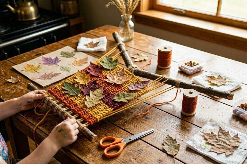 nature weaving craft using sticks and leaves