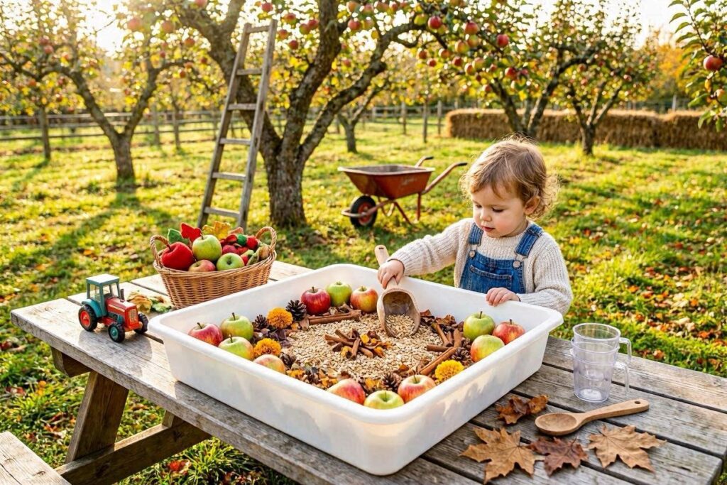 apple orchard fall sensory bin toddler activity