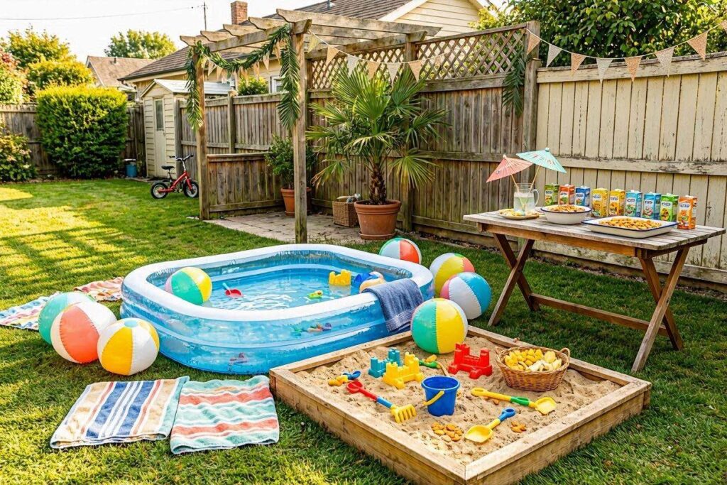 beach vibes backyard summer party setup with tropical decor for kids