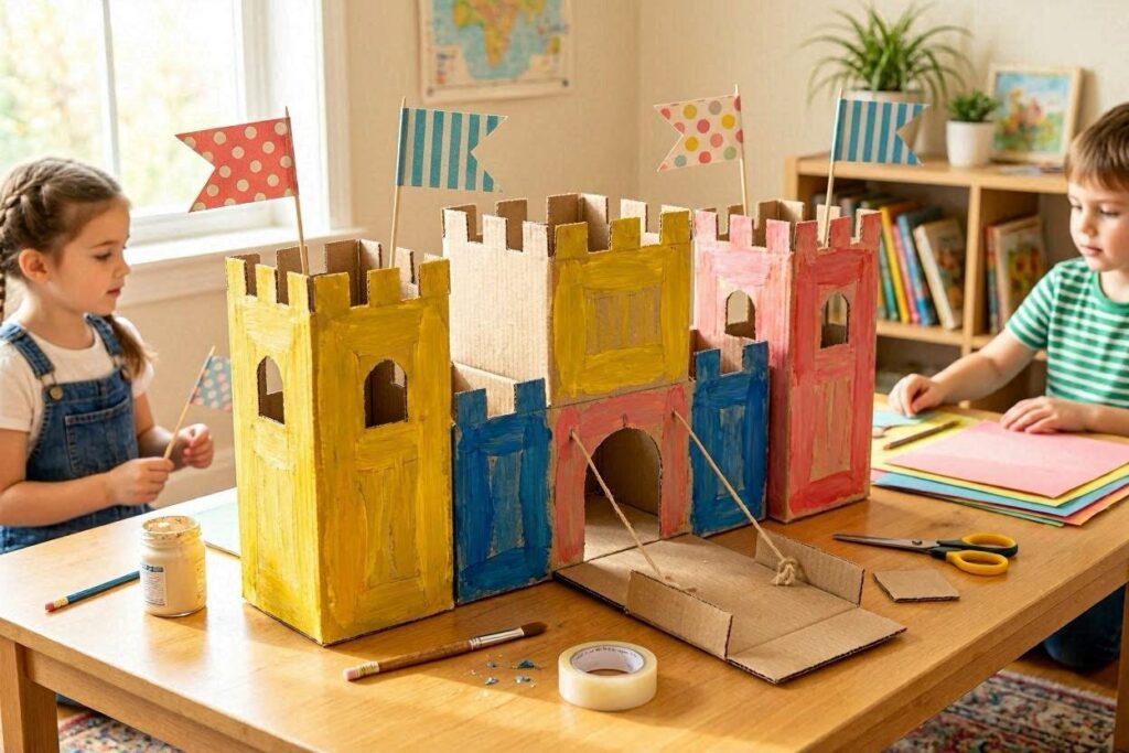 Cardboard box castle craft idea for kids with painted walls and paper flags