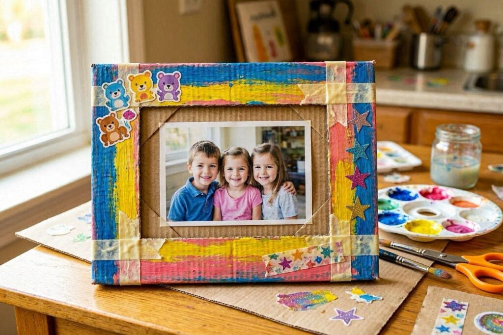 Cereal box picture frame craft idea for kids decorated with stickers and paint
