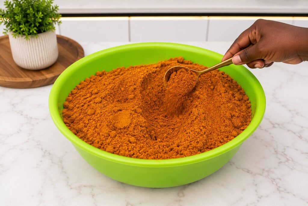 uya spice blend in a mason jar with a wooden spoon