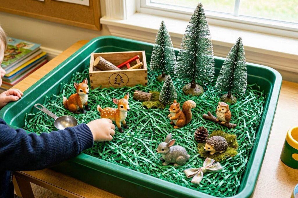 Christmas forest sensory bin for toddlers with shredded green paper, mini trees, and woodland animal figurines