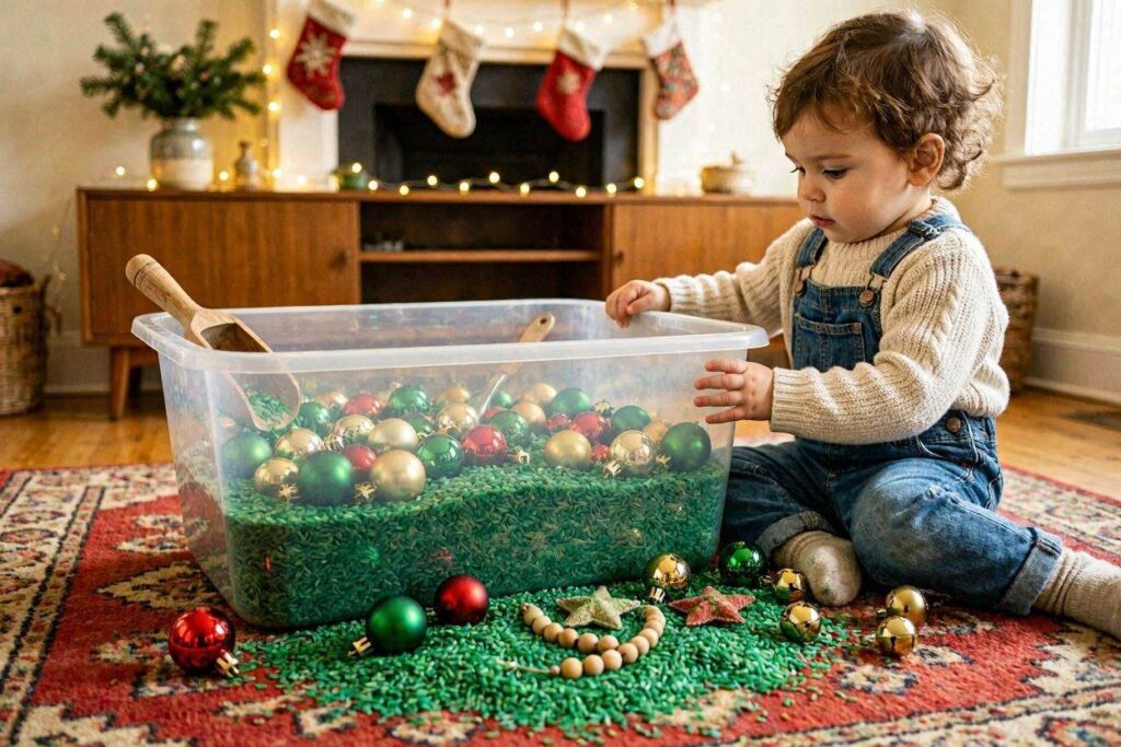 Toddler playing in a Christmas sensory bin filled with green dyed rice and small ornaments