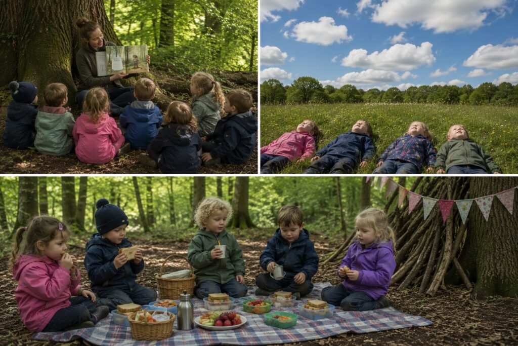 toddler picnic forest school activity under trees