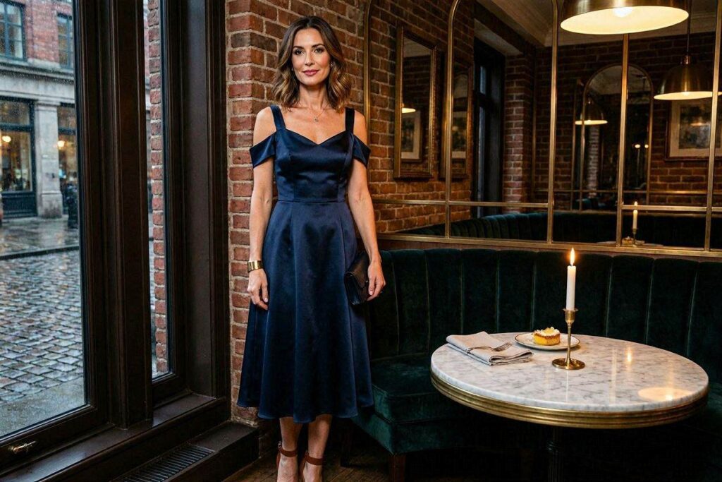 dinner outfit ideas for moms – cold shoulder dress elegant dinner look
