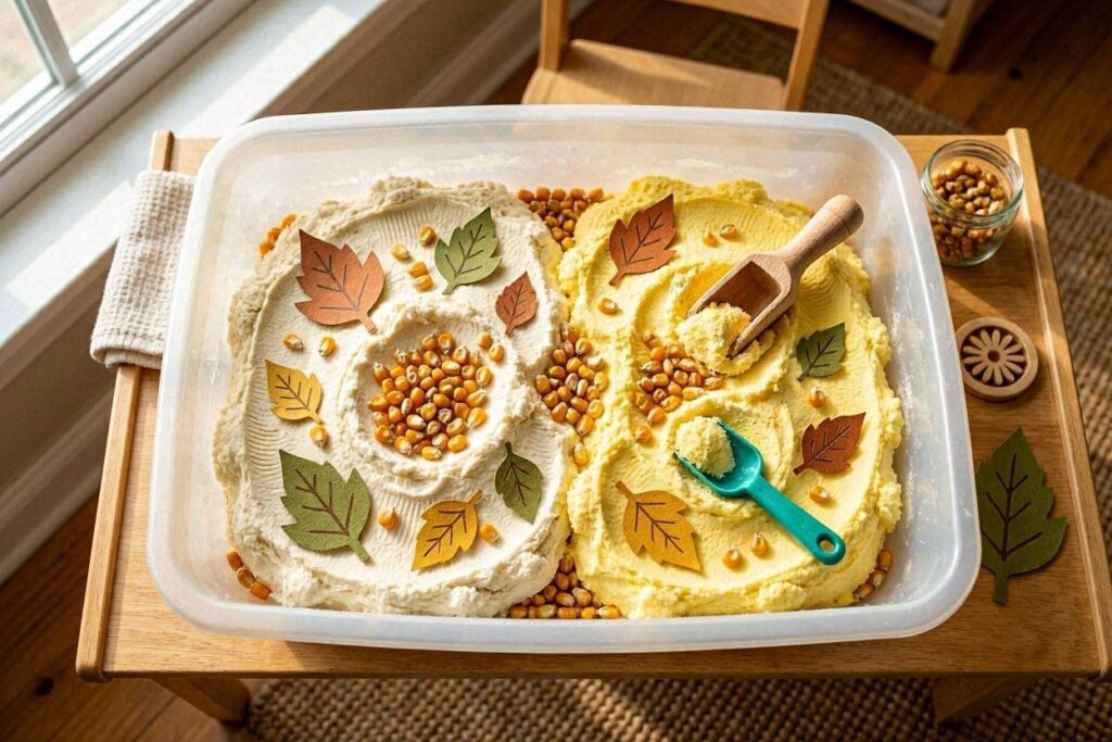 cloud dough fall sensory bin for toddlers