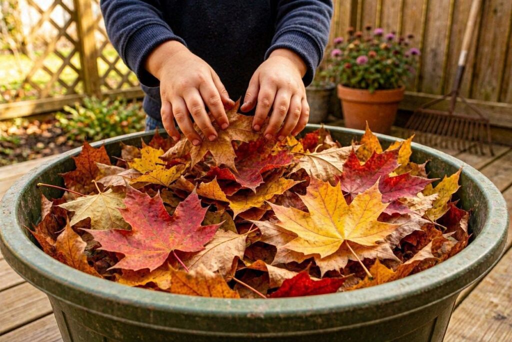 toddler playing in a bin of crunchy fall leaves — fall sensory activities for kids