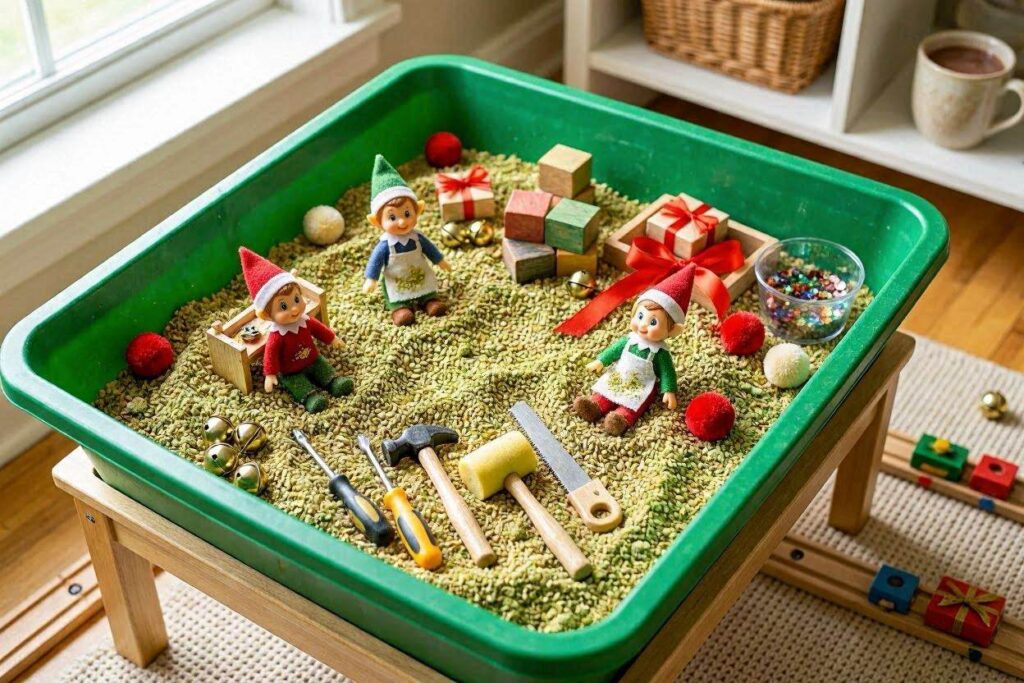 Elf workshop Christmas sensory bin for toddlers with green dyed oats and elf figurines and mini tools