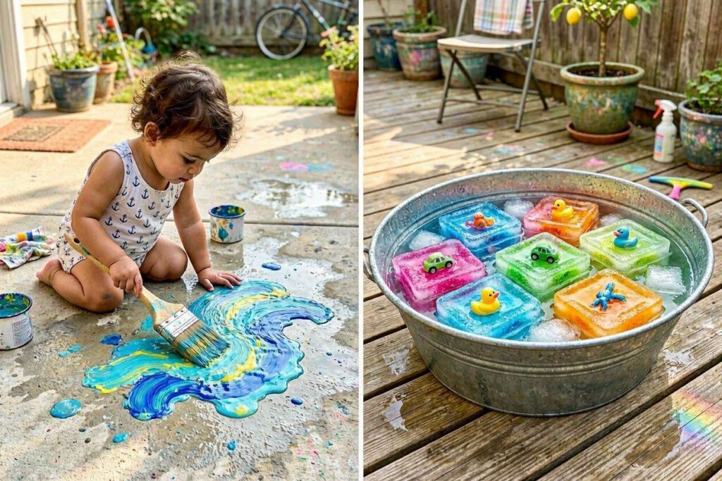 colored ice blocks with toys frozen inside, a sensory water play activity for toddlers