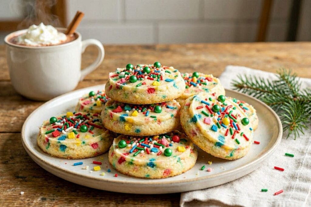 no bake funfetti Christmas cookies with holiday red and green sprinkles