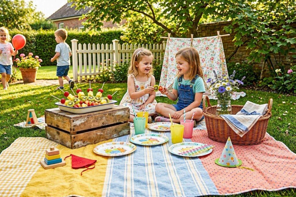garden picnic party setup for kids with blankets, fruit skewers, and flowers