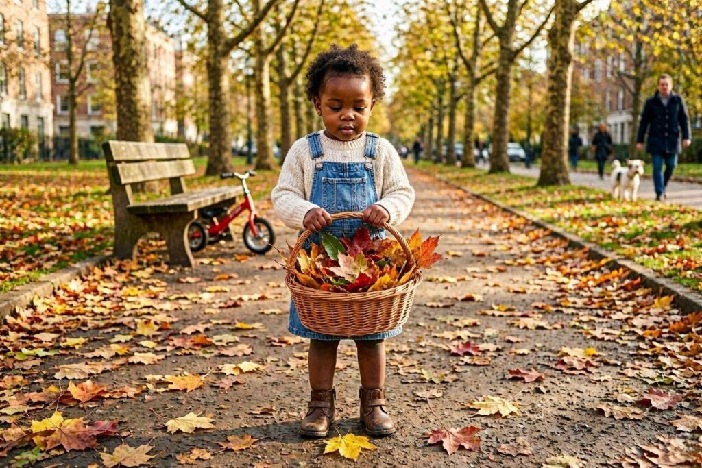 toddler doing leaf hunting forest school activity